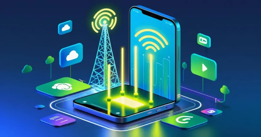Smartphone with signal tower icons representing HSPA (High Speed Packet Access) 3.5G mobile broadband technology, symbolizing faster downloads and uploads.