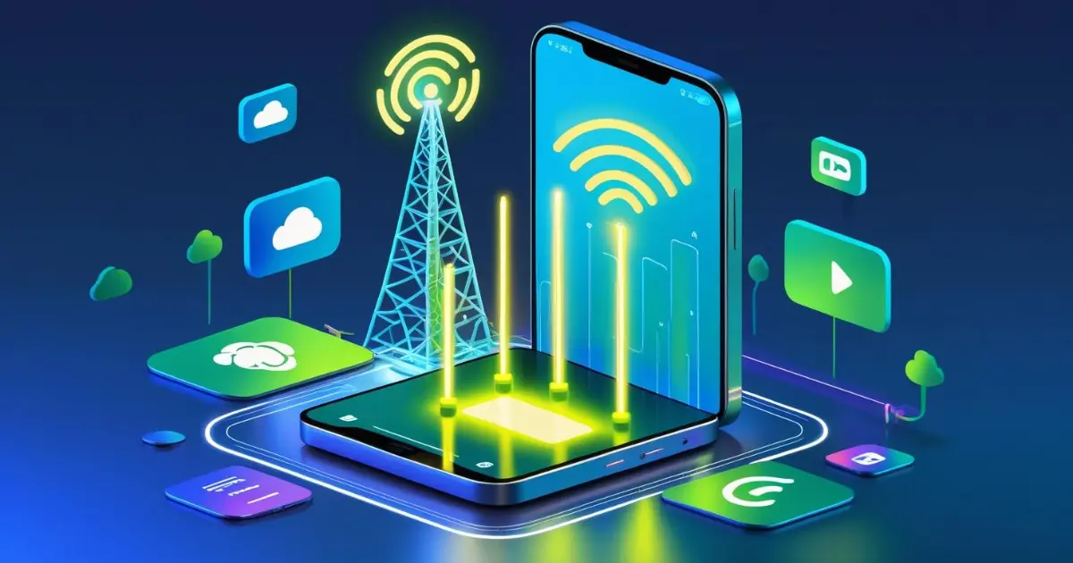 Smartphone with signal tower icons representing HSPA (High Speed Packet Access) 3.5G mobile broadband technology, symbolizing faster downloads and uploads.